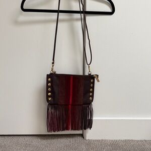 Hammitt Brown and Red Fringe Crossbody with Gold Studs